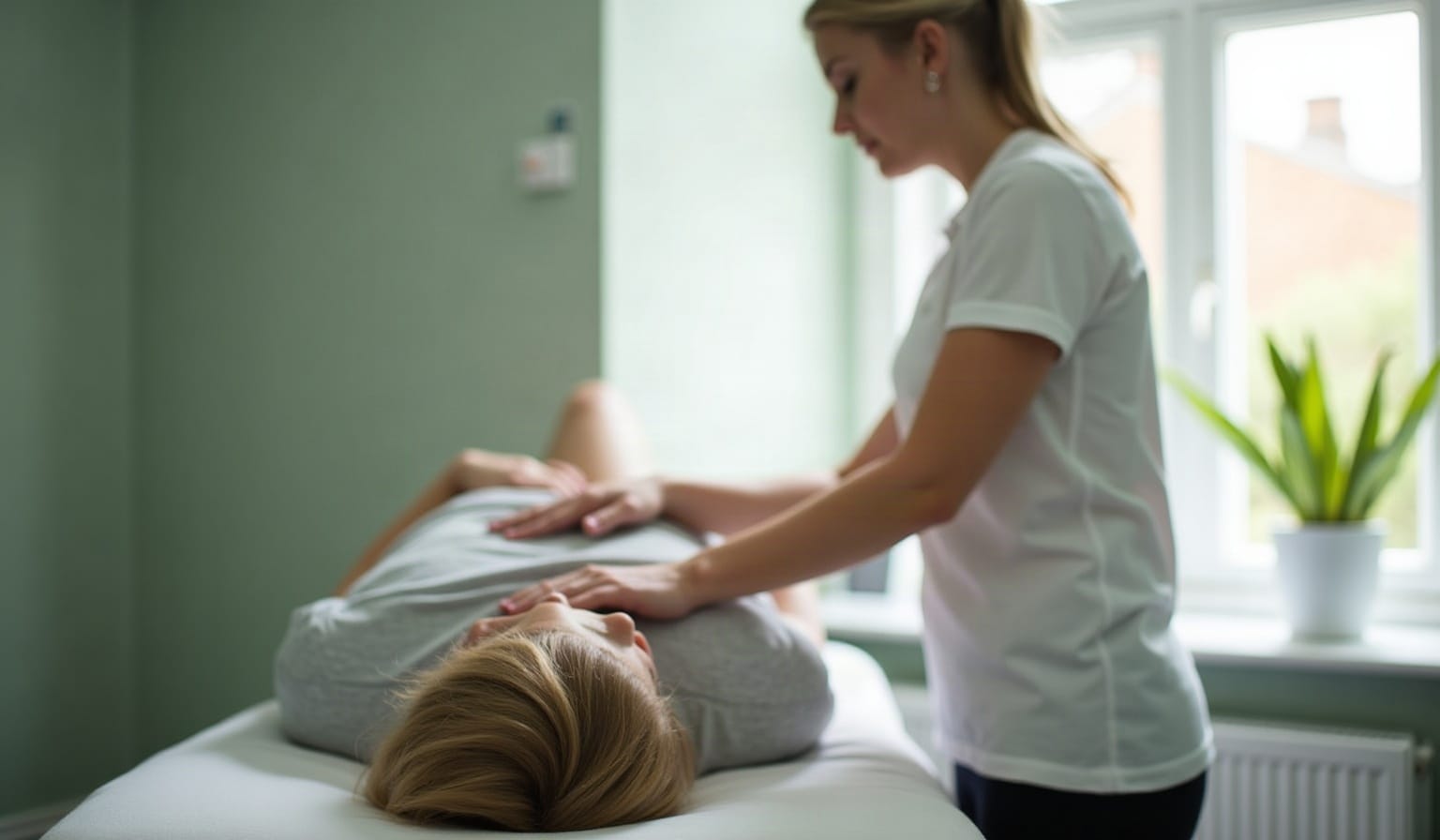 Osteopath treating a patient lying on a treatment couch in a bright clinic room