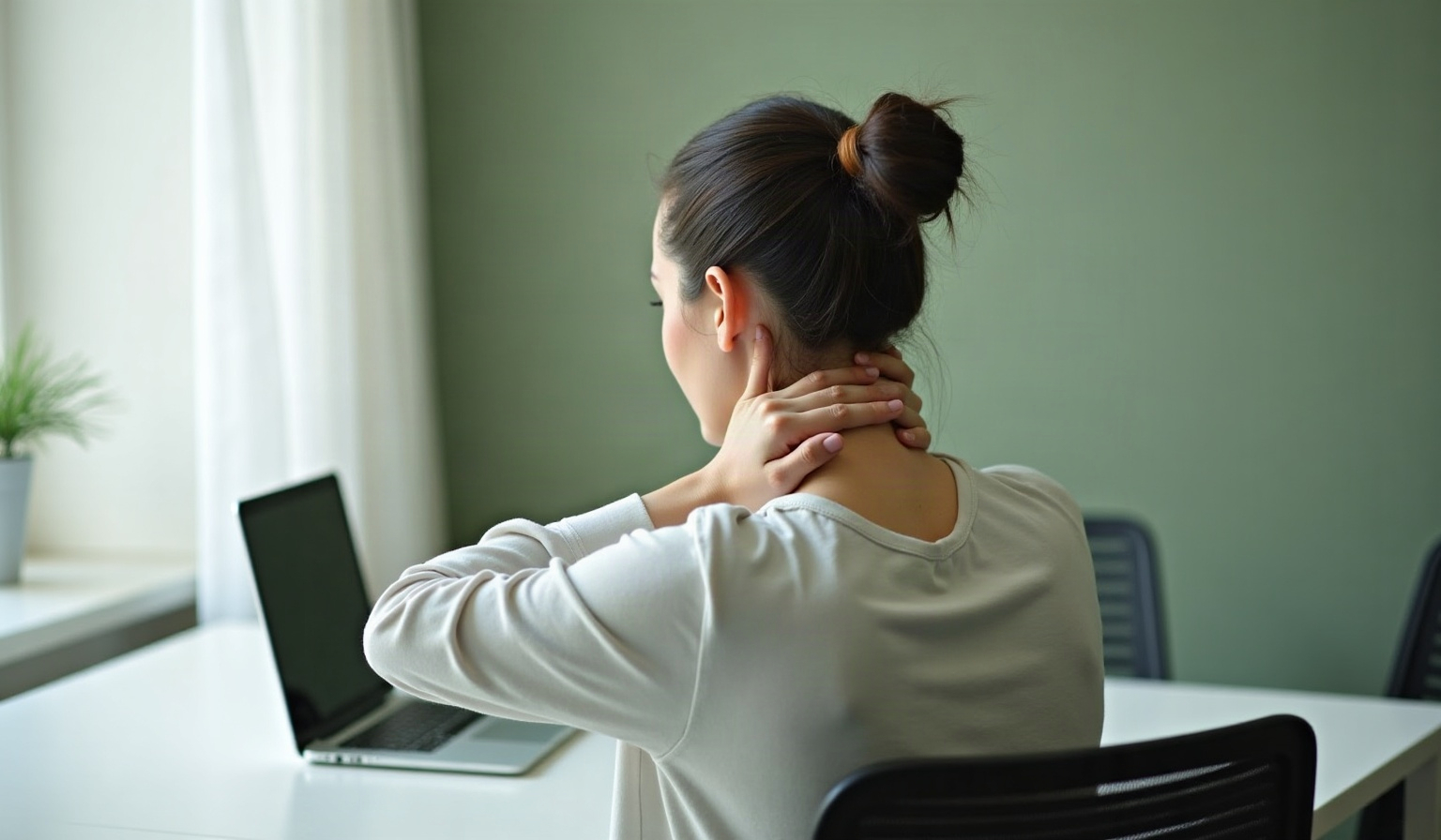 Woman at a laptop holding the back of her neck